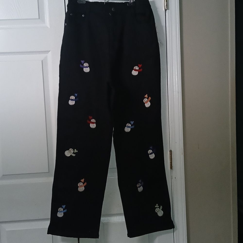 Quacker Factory black snowmen black wide leg jeans winter   Sz Large (14/16) NWT